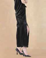 Women's Colet Black Polyester Fabric Tie-Up Closure Wide Leg Fit Plain Ankle Length Trousers