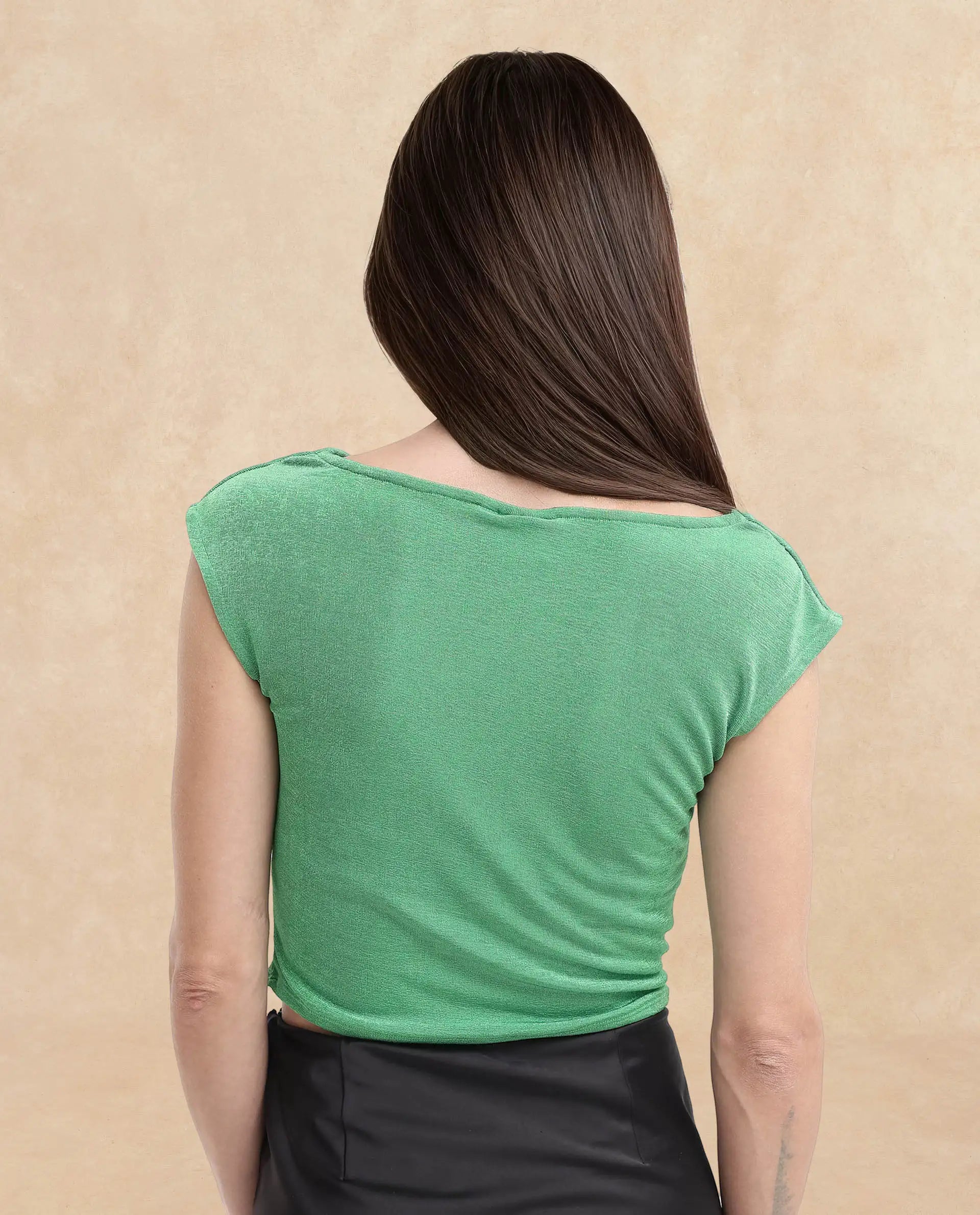 Women's Cowly Green Polyester Fabric Short Sleeve U-Neck Solid Regular Fit Top