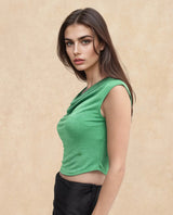 Women's Cowly Green Polyester Fabric Short Sleeve U-Neck Solid Regular Fit Top