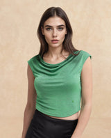 Women's Cowly Green Polyester Fabric Short Sleeve U-Neck Solid Regular Fit Top