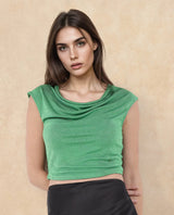 Women's Cowly Green Polyester Fabric Short Sleeve U-Neck Solid Regular Fit Top