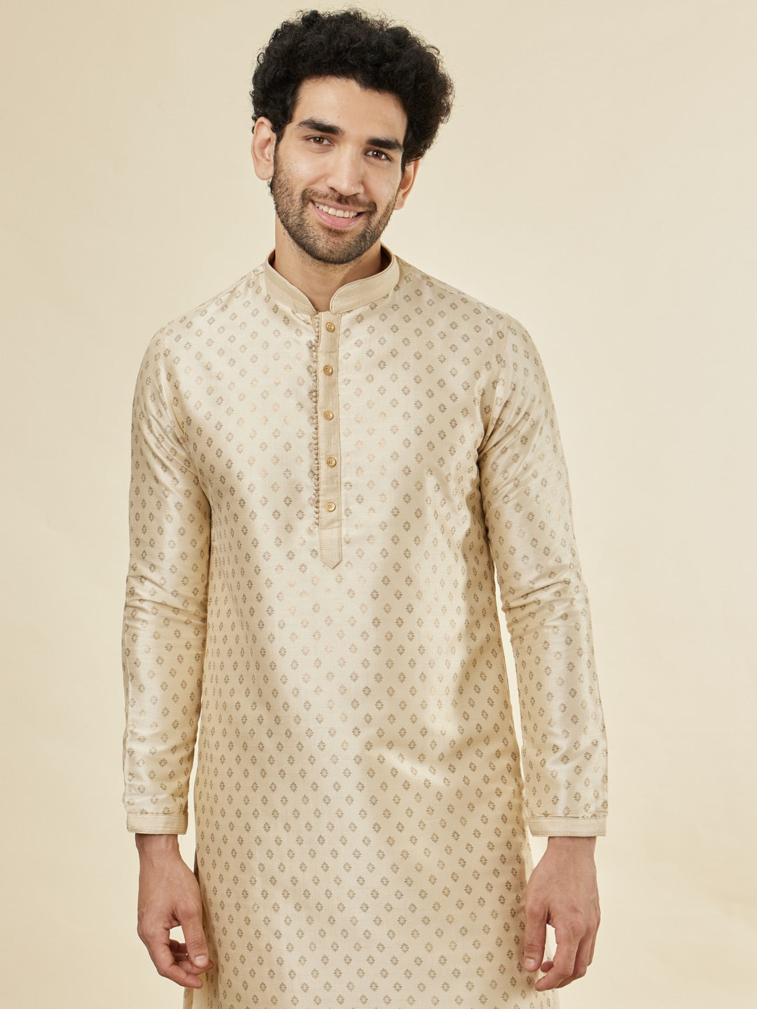 Men's Beige Ethnic Relaxed Fit Embroidered Full Sleeves Kurta Set