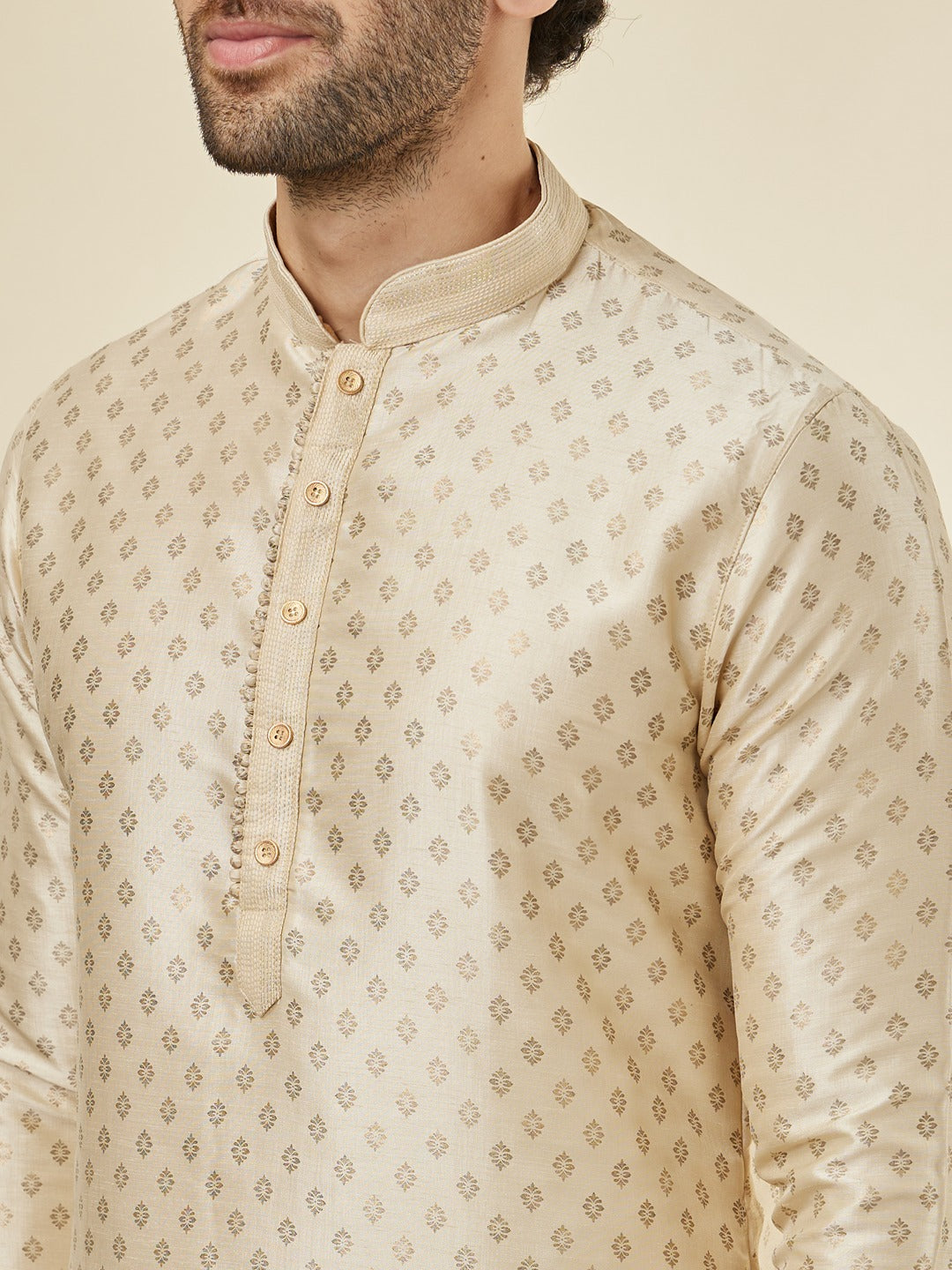 Men's Beige Ethnic Relaxed Fit Embroidered Full Sleeves Kurta Set