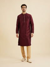 Men's Red Ethnic Relaxed Fit Printed Full Sleeves Kurta Set