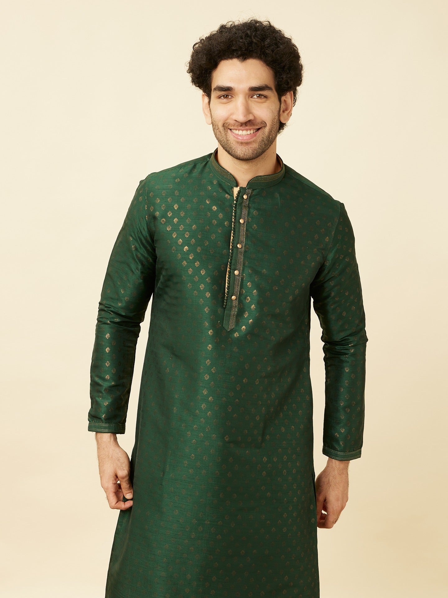 Men's Green Ethnic Relaxed Fit Embroidered Full Sleeves Kurta Set