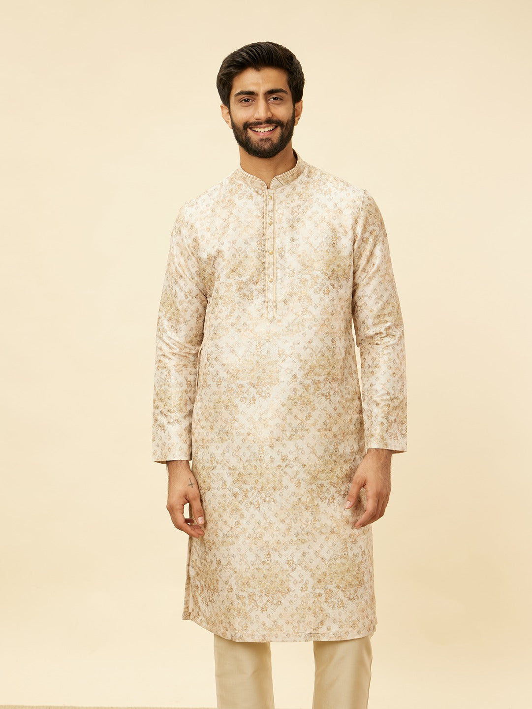 Men's Beige Ethnic Relaxed Fit Embroidered Full Sleeves Kurta Set