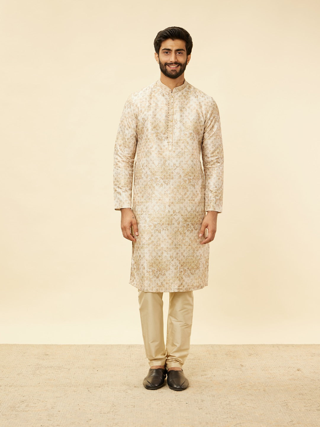 Men's Beige Ethnic Relaxed Fit Embroidered Full Sleeves Kurta Set