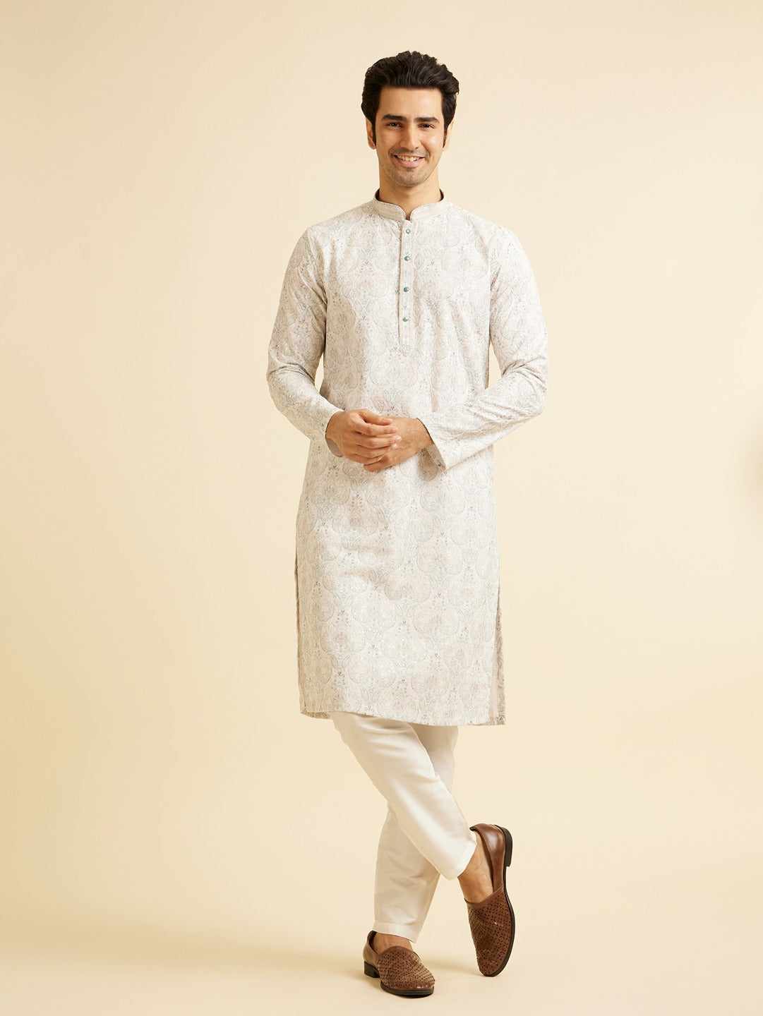 Men's Green Ethnic Relaxed Fit Printed Full Sleeves Kurta Set