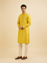Men's Yellow Ethnic Relaxed Fit Embroidered Full Sleeves Kurta Set