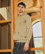 Men's Beige Pullover with Contrast Striped Sleeve Hoodie