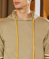 Men's Beige Pullover with Contrast Striped Sleeve Hoodie