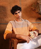 Men's Pumpkin Orange & Chocolate Brown Contrast Panel Pullover Sweater