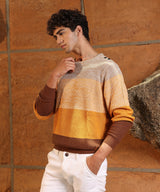 Men's Pumpkin Orange & Chocolate Brown Contrast Panel Pullover Sweater