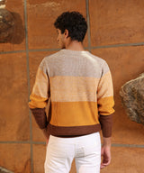 Men's Pumpkin Orange & Chocolate Brown Contrast Panel Pullover Sweater