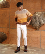 Men's Pumpkin Orange & Chocolate Brown Contrast Panel Pullover Sweater