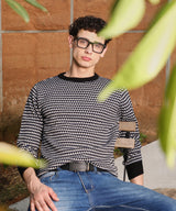 Men's Black & White Contrast Textured Knit Sweater