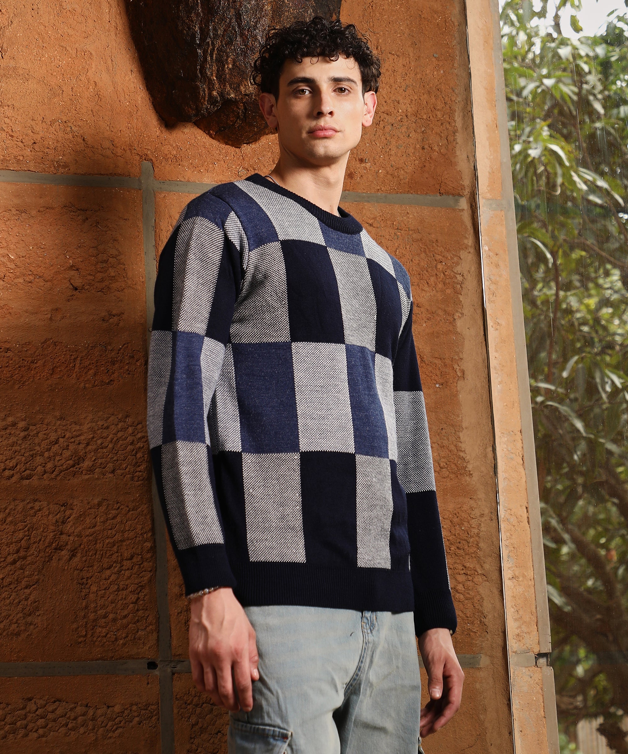 Men's Blue Block Check Pullover Sweater