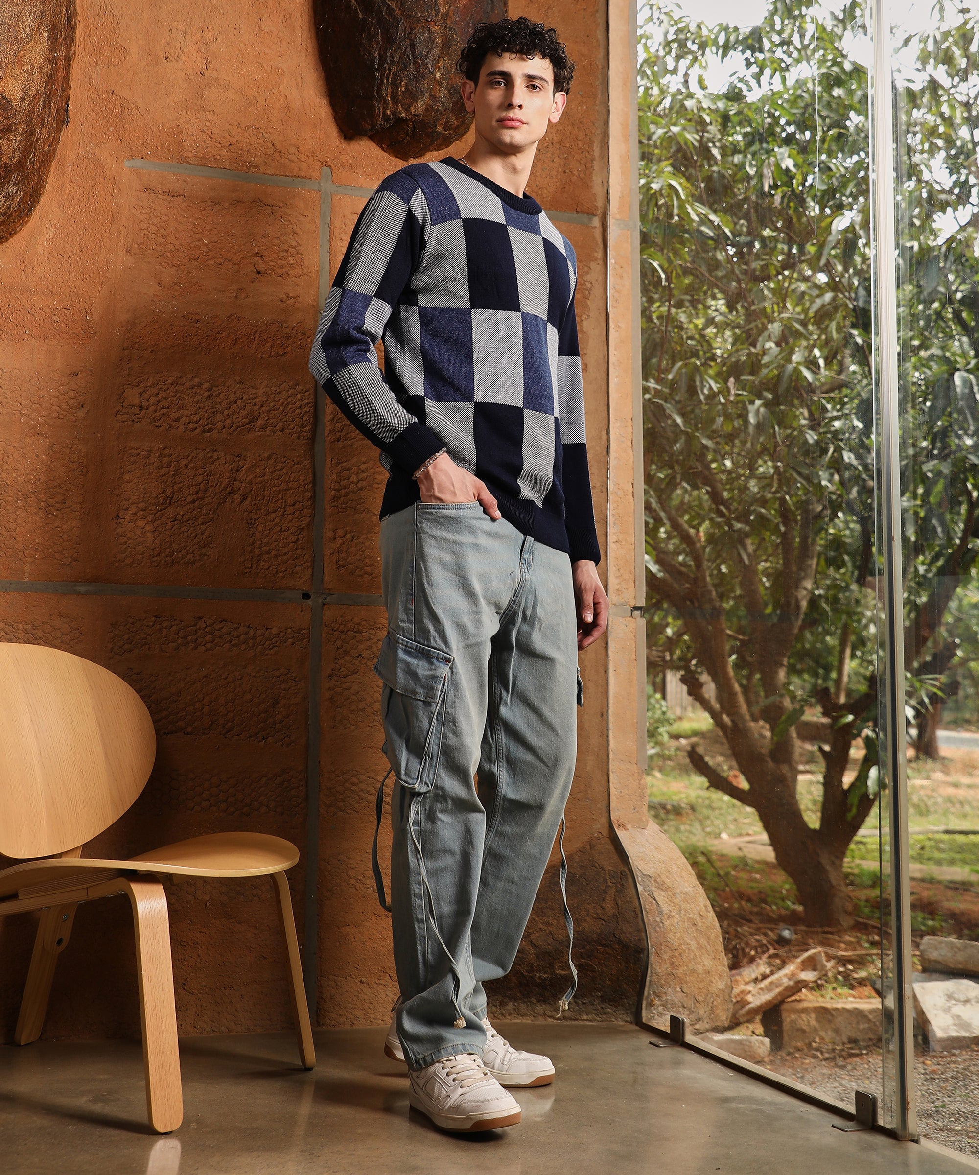 Men's Blue Block Check Pullover Sweater