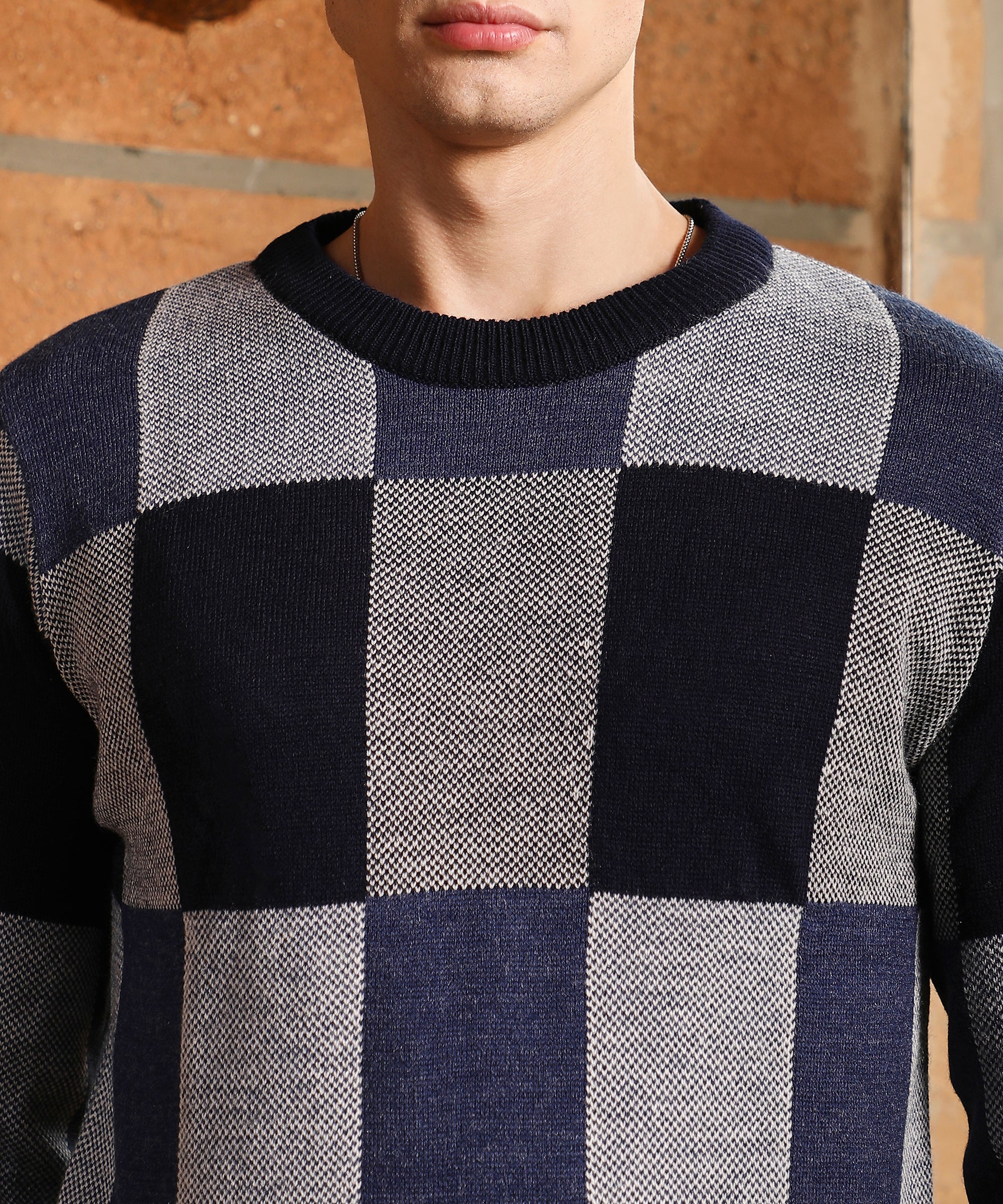 Men's Blue Block Check Pullover Sweater