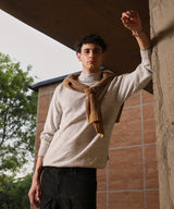 Men's Light Grey Herringbone Textured Pullover Sweater