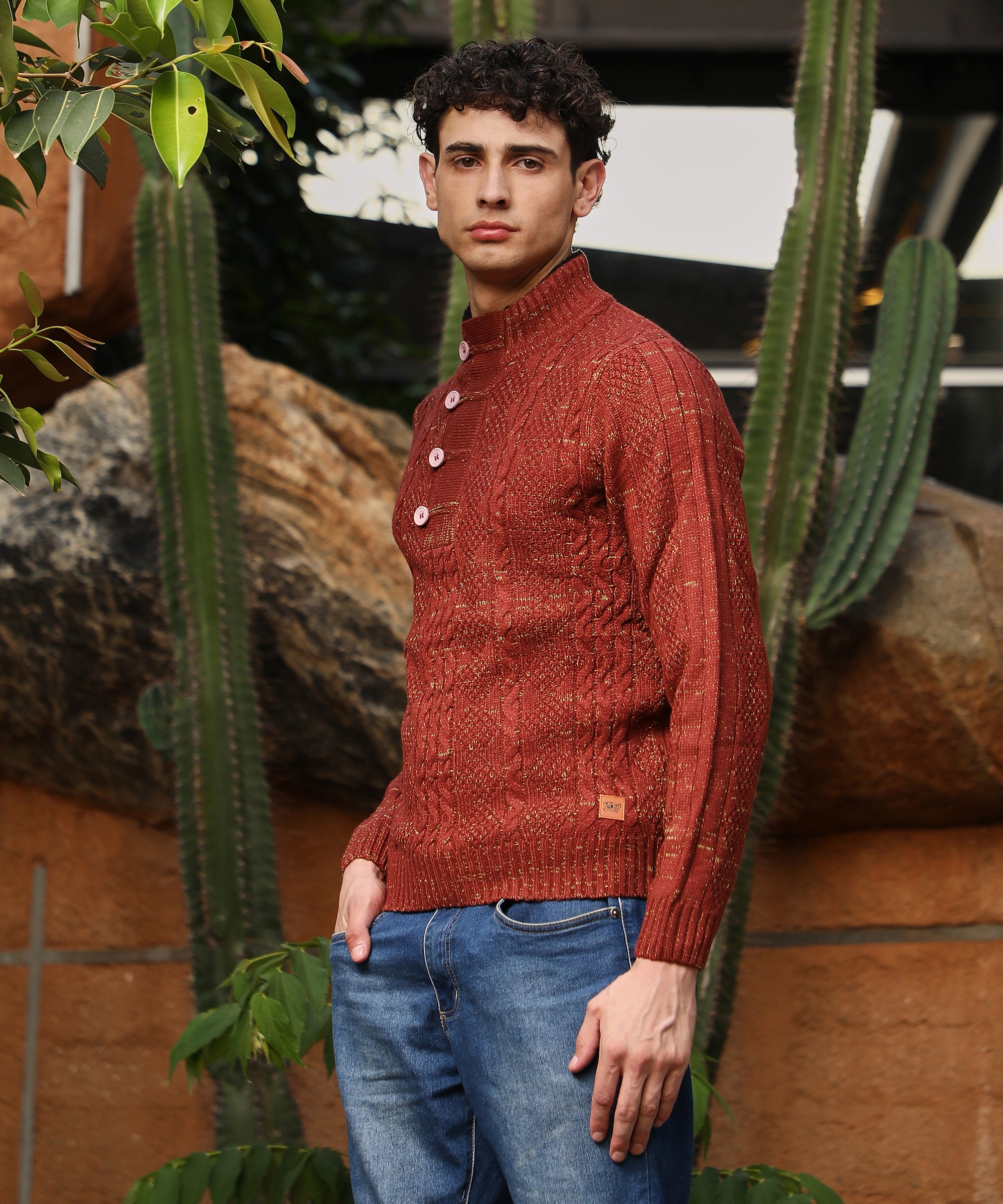 Men's Terracotta Brown Heathered Cable-Knit Sweater