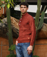Men's Terracotta Brown Heathered Cable-Knit Sweater