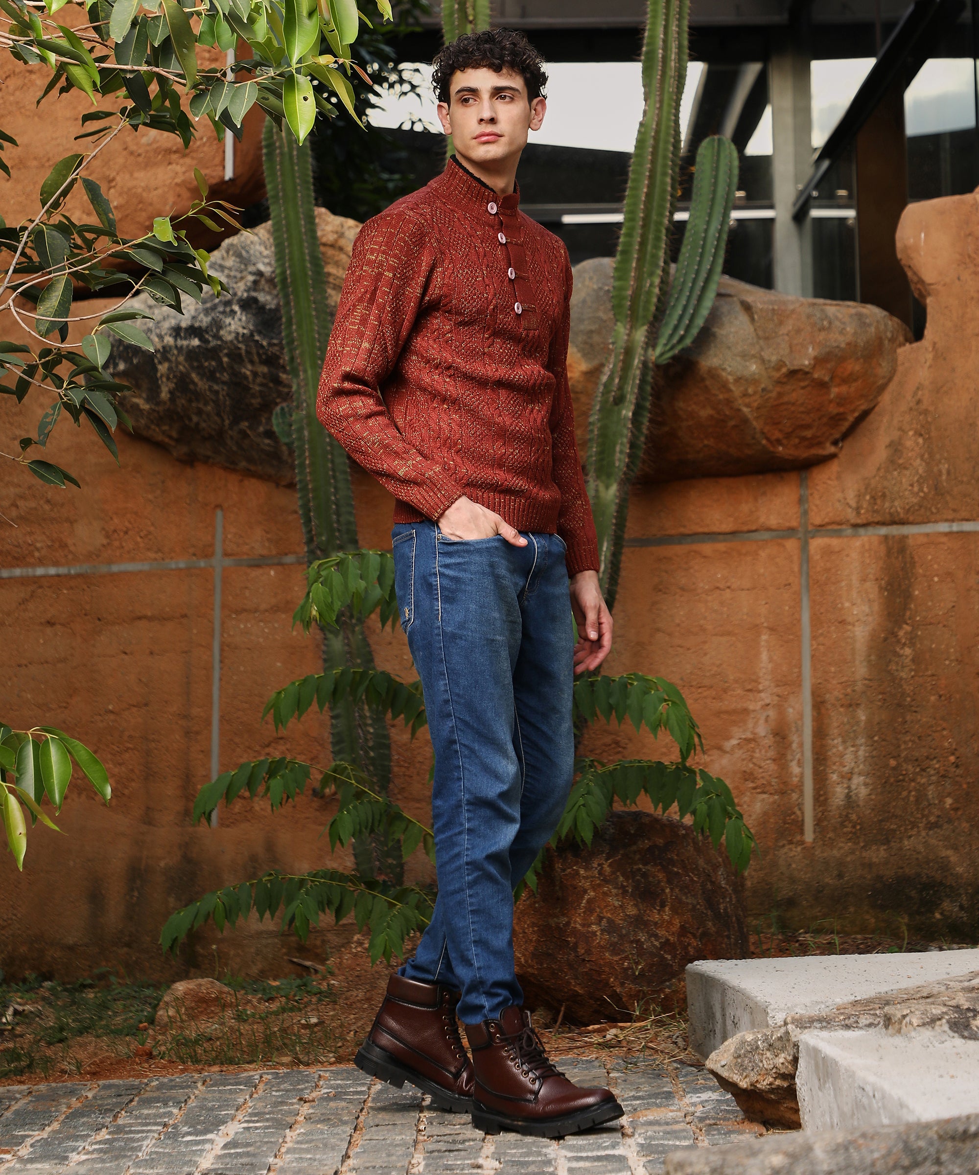 Men's Terracotta Brown Heathered Cable-Knit Sweater