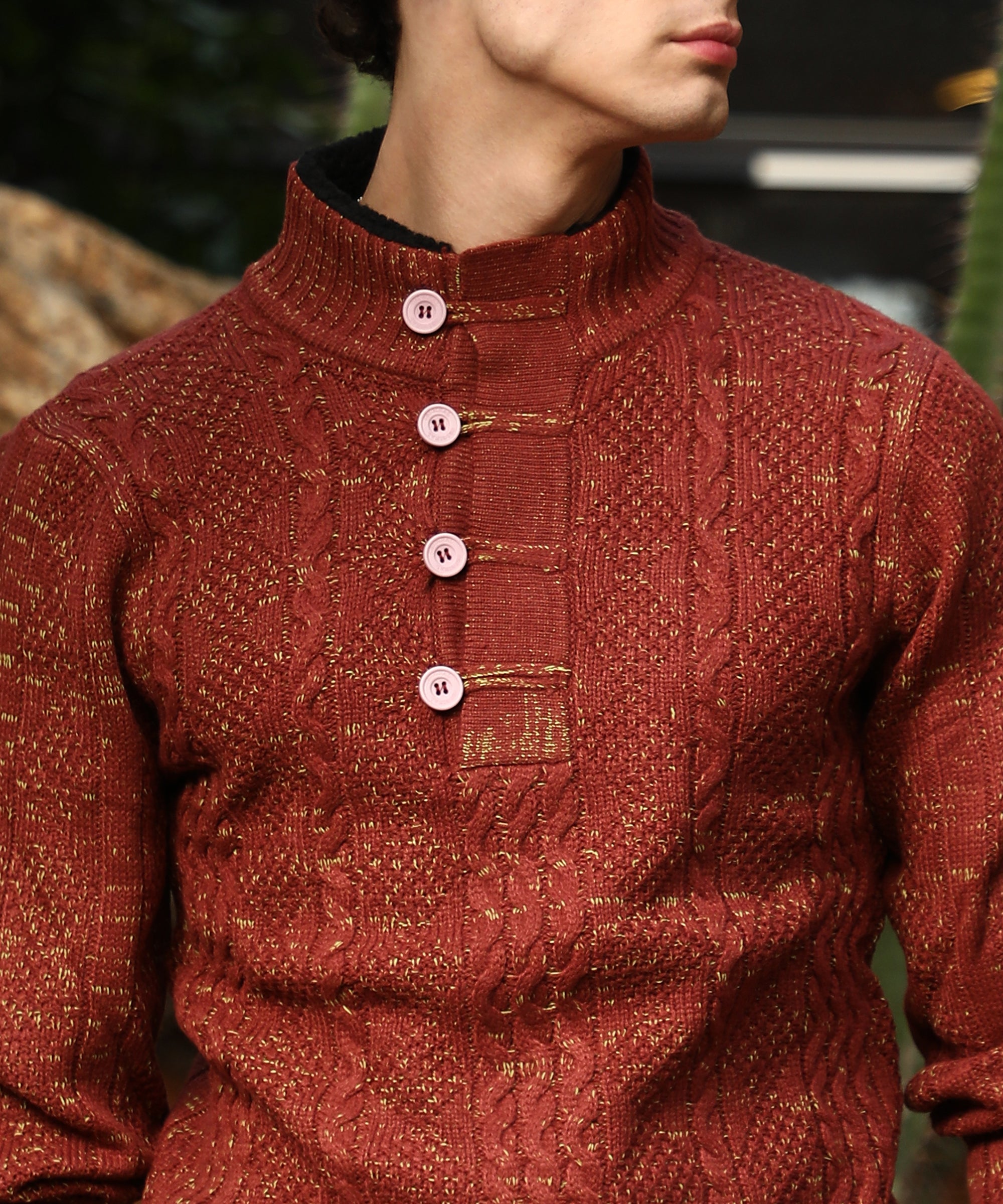 Men's Terracotta Brown Heathered Cable-Knit Sweater