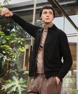 Men's Carbon Black Self-Design Striped Knitted Jacket