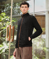 Men's Carbon Black Self-Design Striped Knitted Jacket