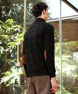 Men's Carbon Black Self-Design Striped Knitted Jacket