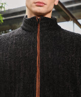 Men's Carbon Black Self-Design Striped Knitted Jacket