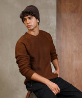 Men's Ash Brown Ribbed-Jacquard Knit Pullover Sweater