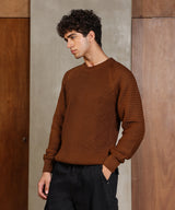 Men's Ash Brown Ribbed-Jacquard Knit Pullover Sweater