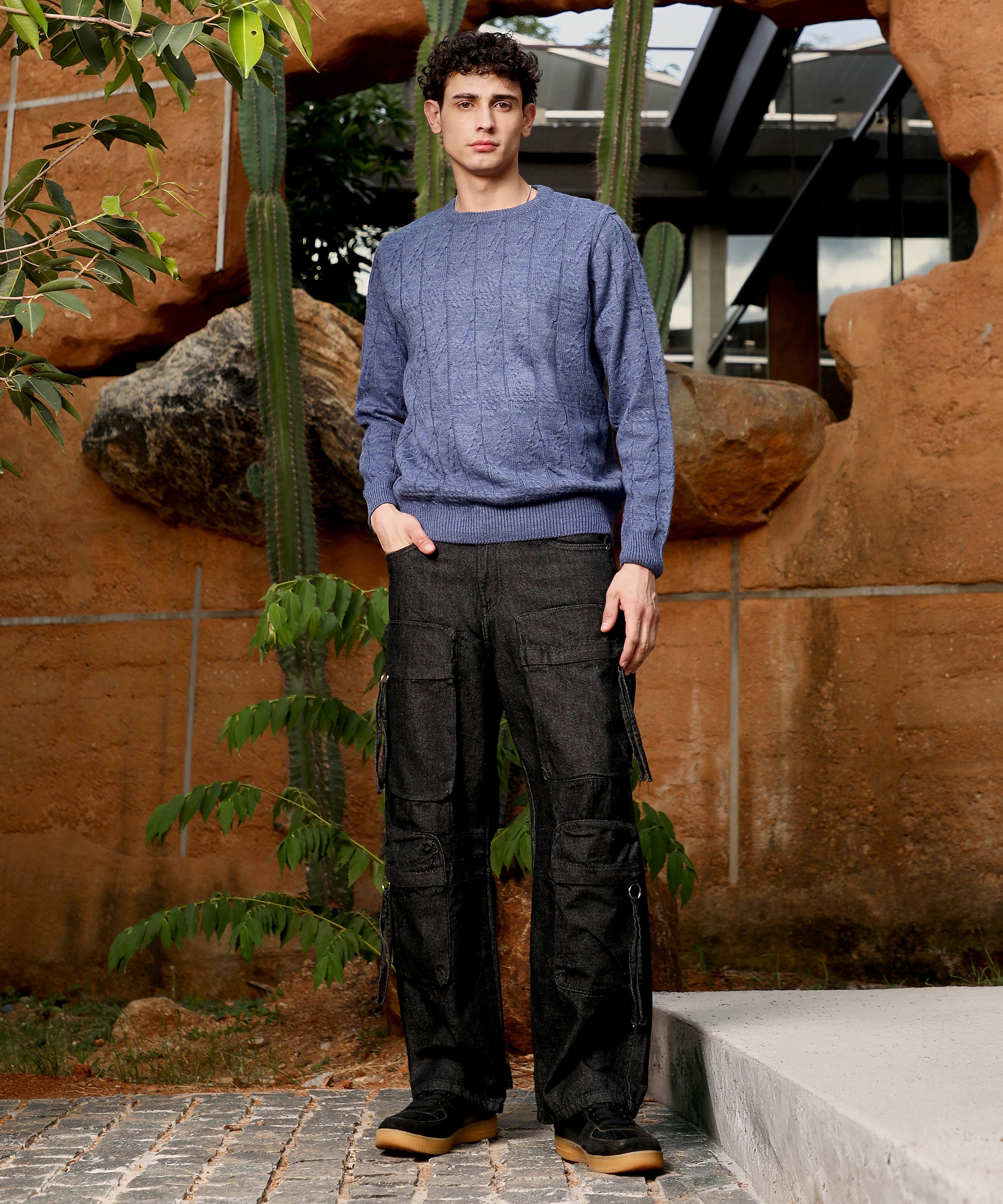 Men's Blue Textured Knit Pullover Sweater