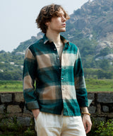 Men's Emerald Green & Buff Beige Vignette-Checkered Oversized Shirt