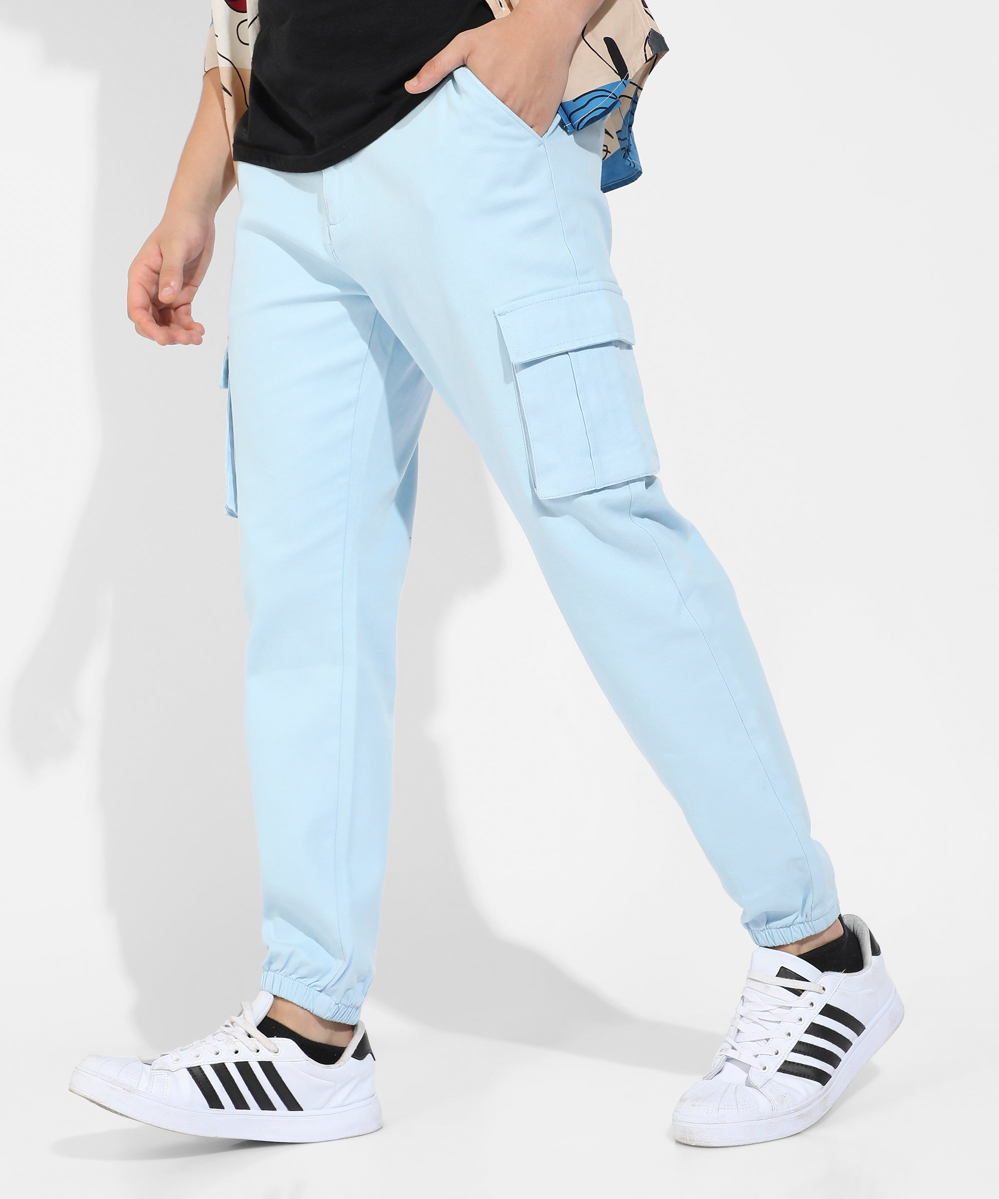 Men's Light Blue Cuffed Hem Cargo Trousers
