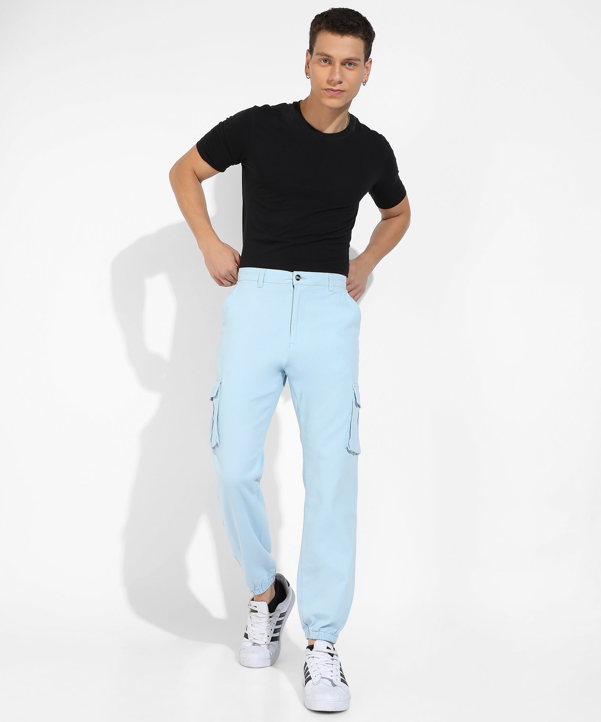 Men's Light Blue Cuffed Hem Cargo Trousers