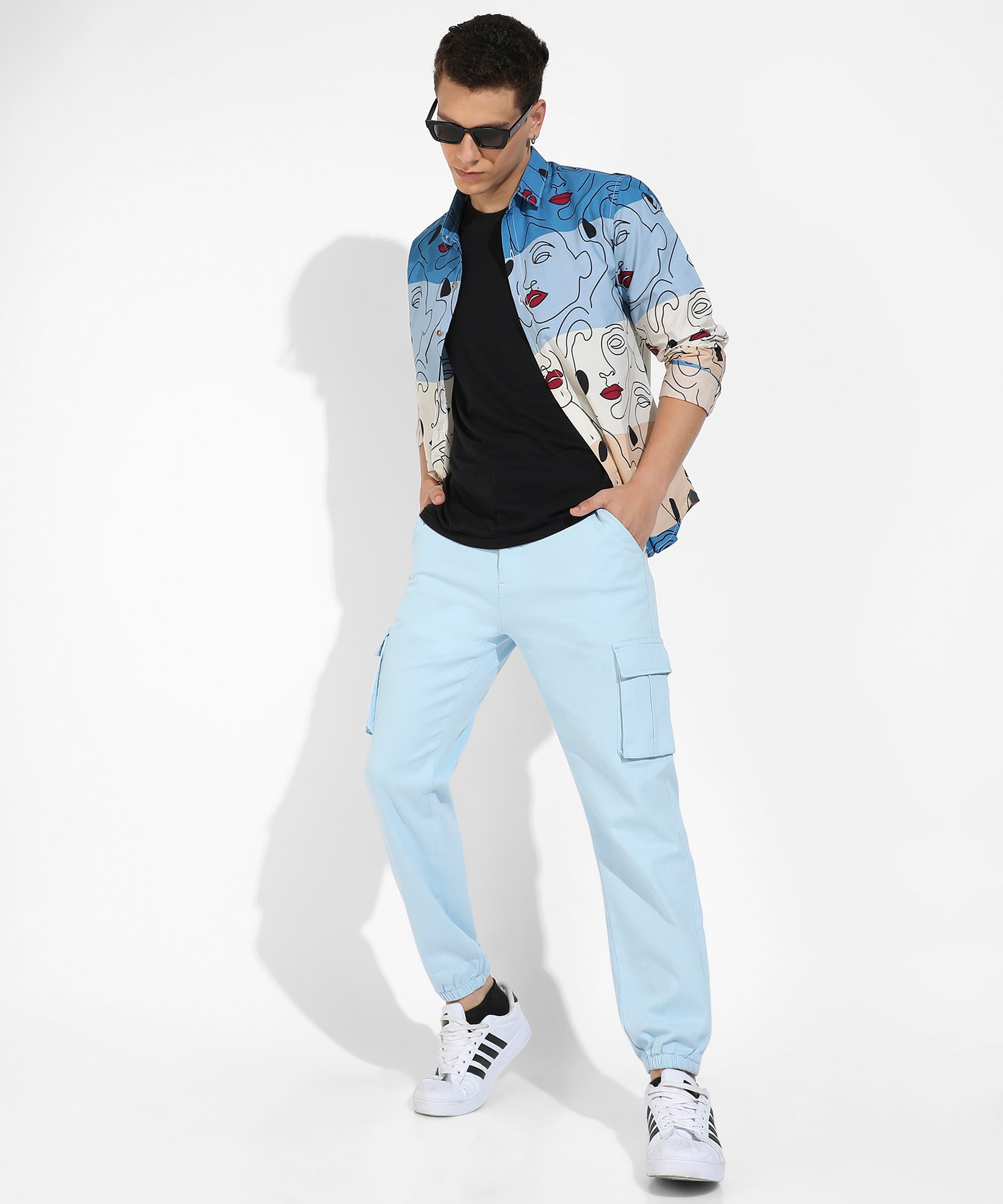 Men's Light Blue Cuffed Hem Cargo Trousers