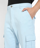 Men's Light Blue Cuffed Hem Cargo Trousers
