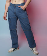 Men's Prussian Blue Panel Patch Pocket Jeans