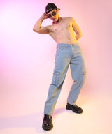 Men's Light Blue Straight Cargo Denim Jeans