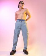 Men's Light Blue Straight Cargo Denim Jeans