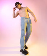 Men's Light Blue Straight Cargo Denim Jeans