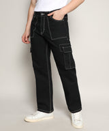 Men's Jet Black Contrast Stitched Cargo