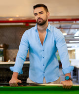 Men's Powder Blue Self-Design Striped Shirt
