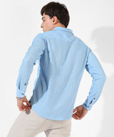 Men's Powder Blue Self-Design Striped Shirt