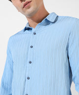 Men's Powder Blue Self-Design Striped Shirt