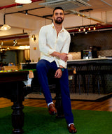 Men's Pale Yellow Self-Design Striped Shirt