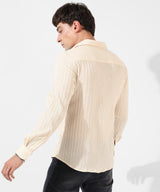 Men's Pale Yellow Self-Design Striped Shirt
